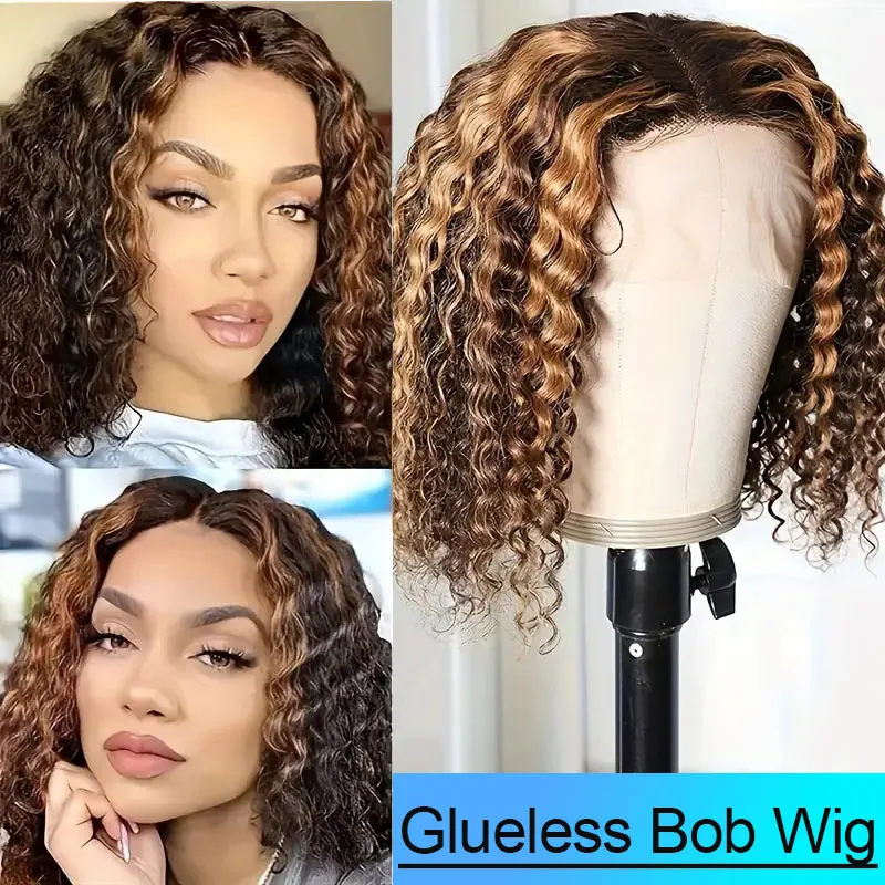 Deep Wave Bob Wig Human Hair Glueless Highlight 5x5 HD Lace Front 220% Density 4/27 Colored Ombre Wear and Go Human Hair Wigs 3