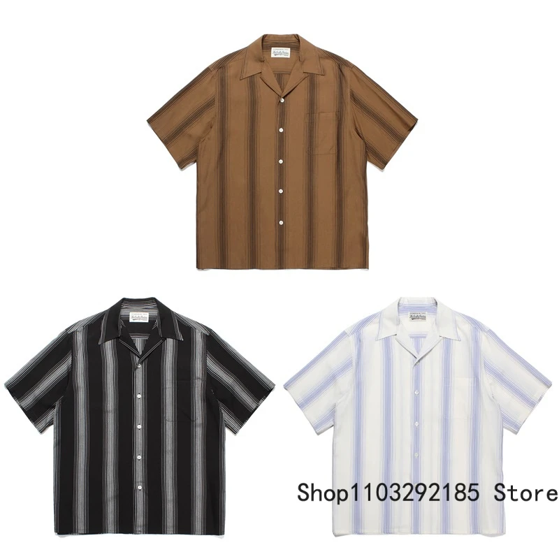 

WACKO MARIA Short-sleeved Shirt Classic Solid Color Striped Hawaiian Style Lapel Shirts Men Women All-match ワコマリア Tops