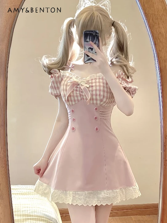 

French Elegance Bow Off Shoulder Plaid Dress for Women Sweet Cute Pink Slim Fit Puff Sleeve Mini Dress Kawaii Y2K Summer Dress