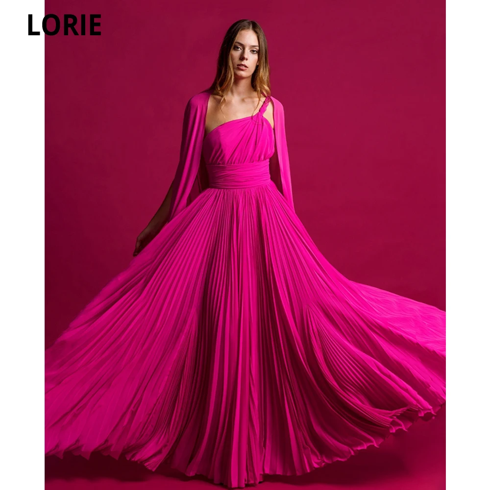 

LORIE Sexy A-line Fuchsia vening Dress One Shoulder Prom Gown With Cape Sleeves Pleat Vestidos De Fiesta Celebrity Party Dresses