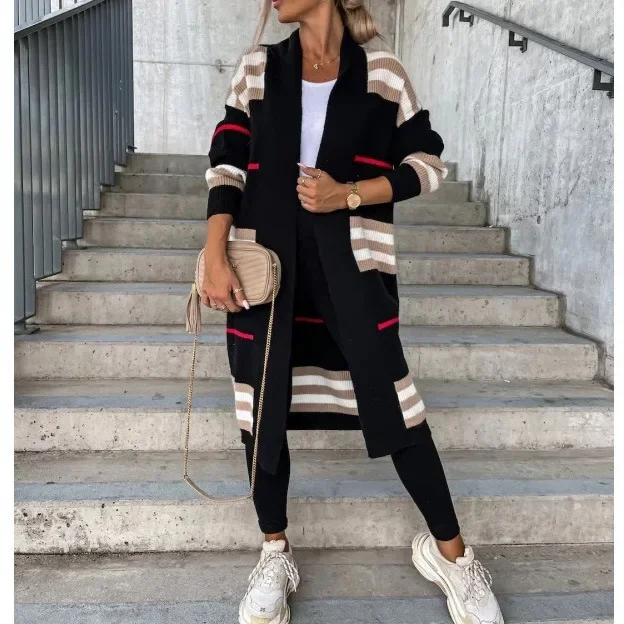 Women Sweater Spring Autumn Cardigan Coats Casual Stripes Knitted