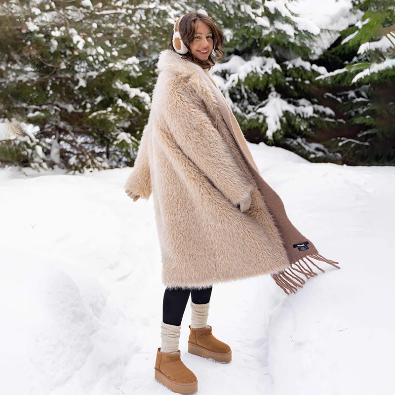Exclusive Luxury Casual Long Faux Fur Parka Coat Women Winter Thick Warm Fluffy Eco Lamb Fur Teddy Jacket Overcoat