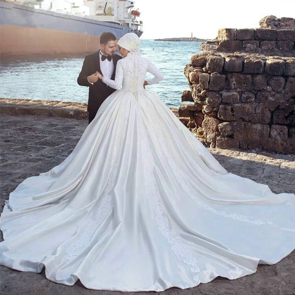 Elegantes Elfenbeinfarbenes Muslimisches Hochzeitskleid mit Hohem Kragen und Langen Ärmeln 2026 Satin-Applikationen Arabische Brautkleider Vestidos De Novia – Detail 5
