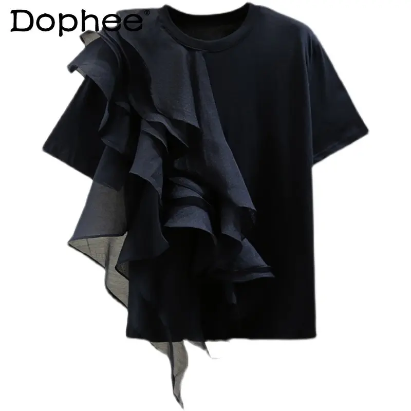 

Irregular Ruffled Patchwork Short-Sleeved T-shirt 2023 Summer Korean Style Loose Slim Pure Color Casual Versatile Tops Pullovers