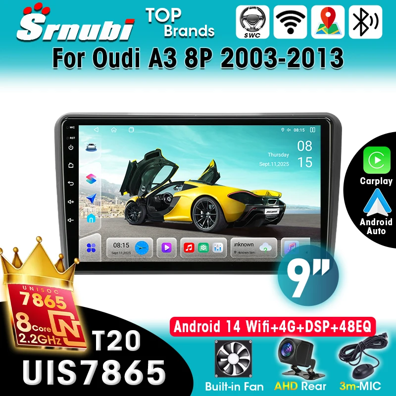 Radio de Auto 2 Din con Android 14 y Carplay para Audi A3 8P 2003-2013, 4G, DSP, Cámara AHD, GPS, Bluetooth, WIFI, Control por Voz, RDS, FM, Audio 1