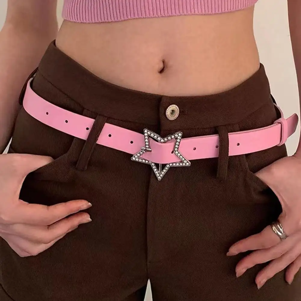

Women Retro Belt Retro Bride Decoration Accessories Faux Leather Waistband with Sparkling Rhinestone Star Buckle Belt Elastic