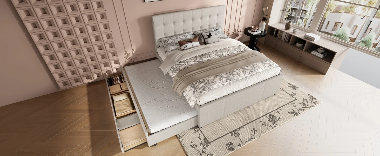 Polsterbett, 140x200cm, Doppelbett, Familienbett, Kingsize-Bett mit drei Schubladen, ausziehbares Bett, verstellbares Kopfteil – Detail 22