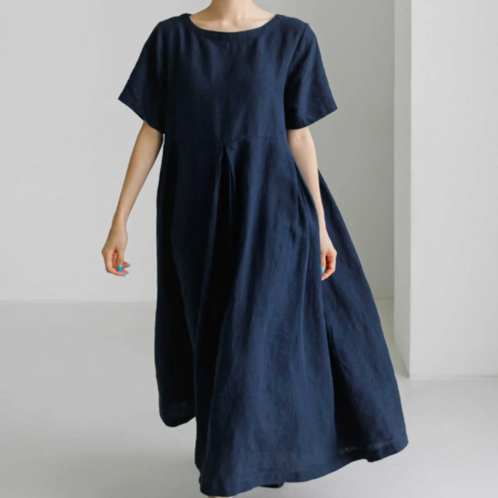 Vivid blue print linen Long Shirts Korea Sewing o neck Plus Size Clothing summer Dress main image 1