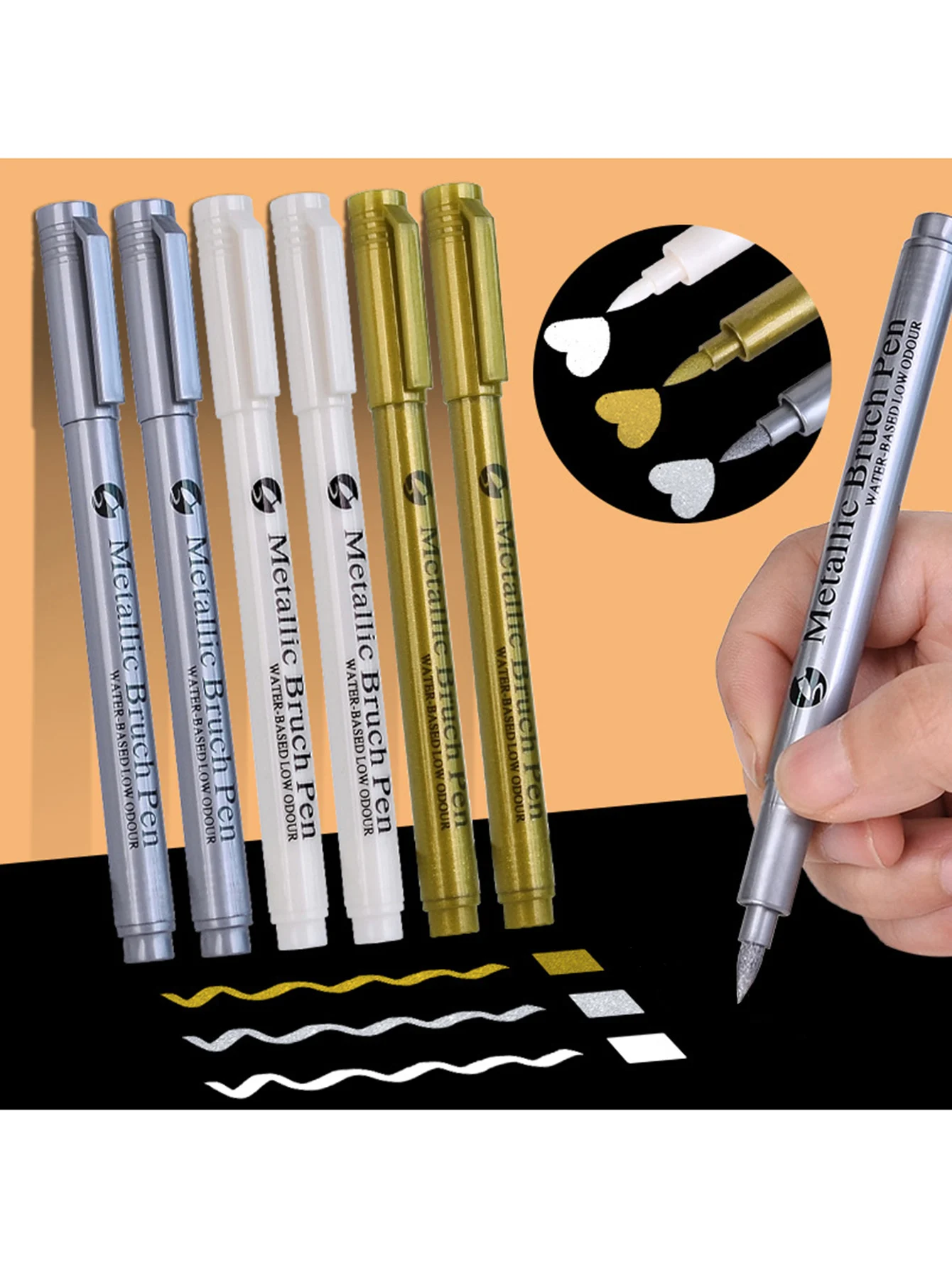 6er-Set Metall-Lackmarker Gold Silber Weiß Permanent Marker für Kunst Comic Scrapbooking Zubehör Textmarker Metallmarker Pinsel – Detail 6