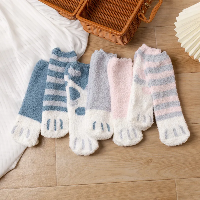 7 pairs Coral Fleece Winter Women's  Warm Socks Cat Paw Striped Socks Cute Cartoon Animal  Thick  Toe Foot Floor  Sleep Socks