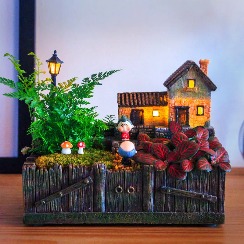 

TingKe creative simulation garden house resin flower pot modern home balcony garden decoration micro landscape resin ornaments