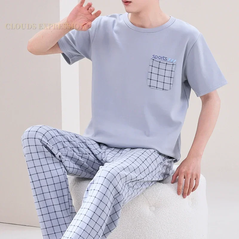 Men Summer Elegant Knited Plaid Pyjamas Set Long Pants Sleepwear Pyjamas Night Suits Plus Size 5XL Homewear PJ