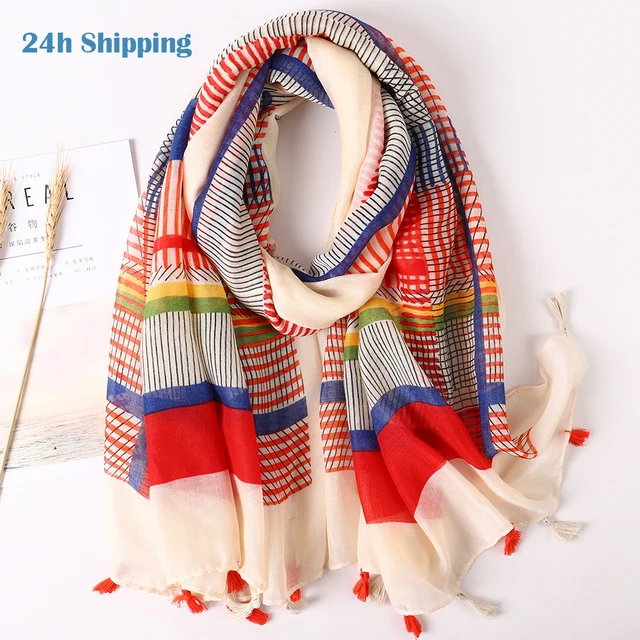 LAVEN Printed Soft Linen Cotton Scarf Shawls Women Luxury Premium Foulard  Femme Long Fresh Floral Tassel Scarfs Scarves Echarpe