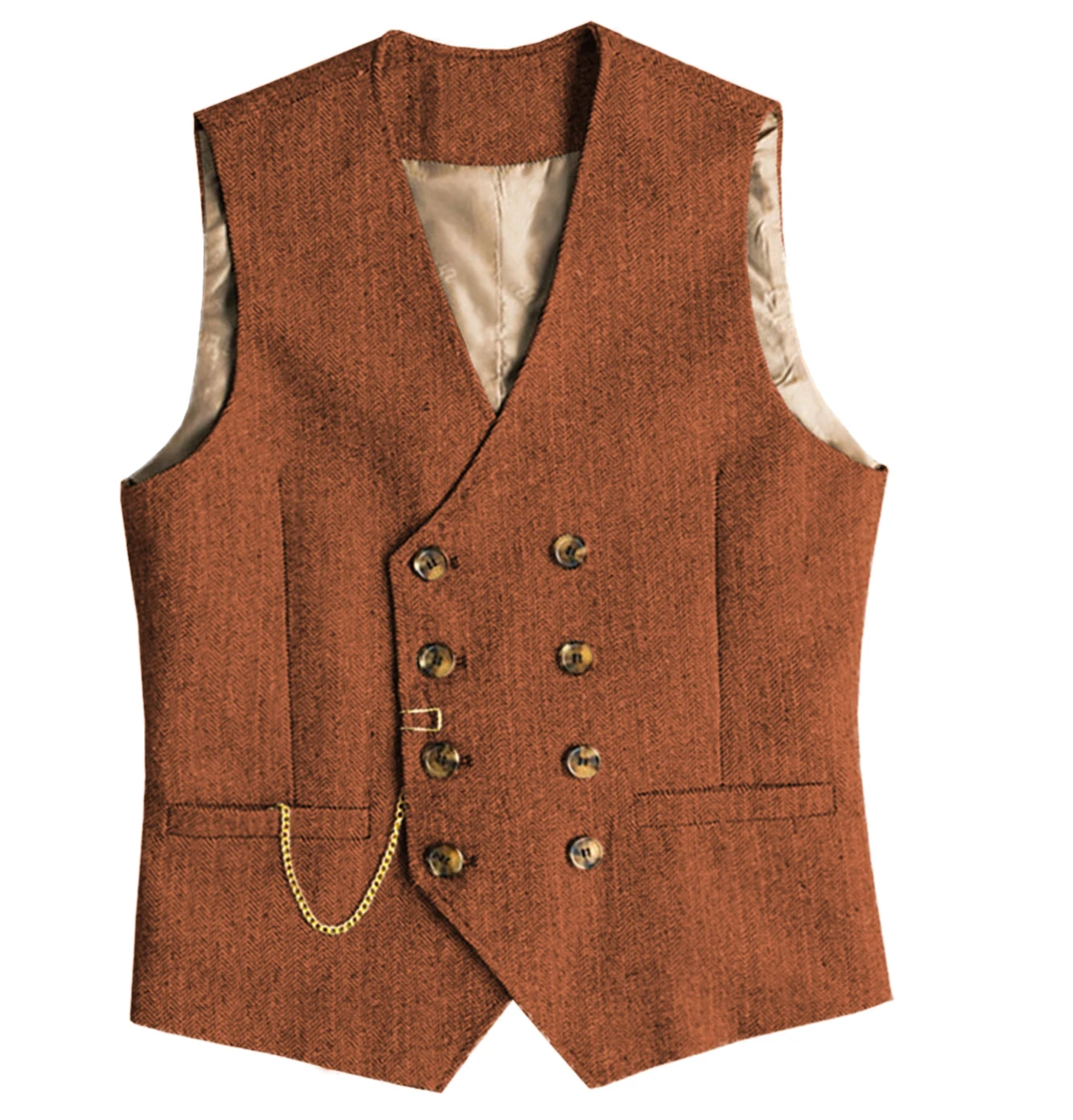 V Neck Men's Suit Vests Herringbone Wool Tweed Double Breasted Waistcoat Wedding