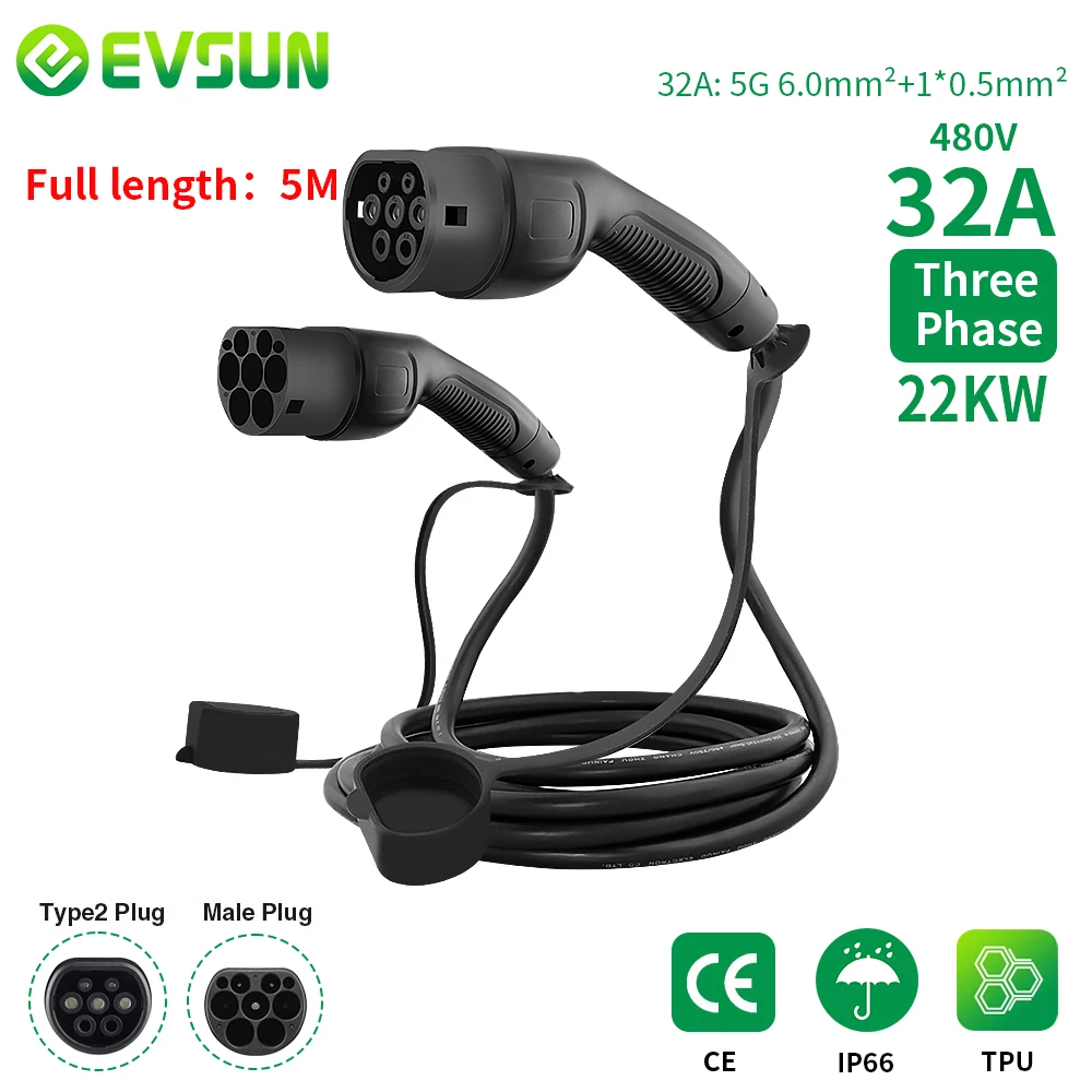 Evsun Ev Car Charger Charging Cable 3 Phase Electric Vehicle 32a Type 2