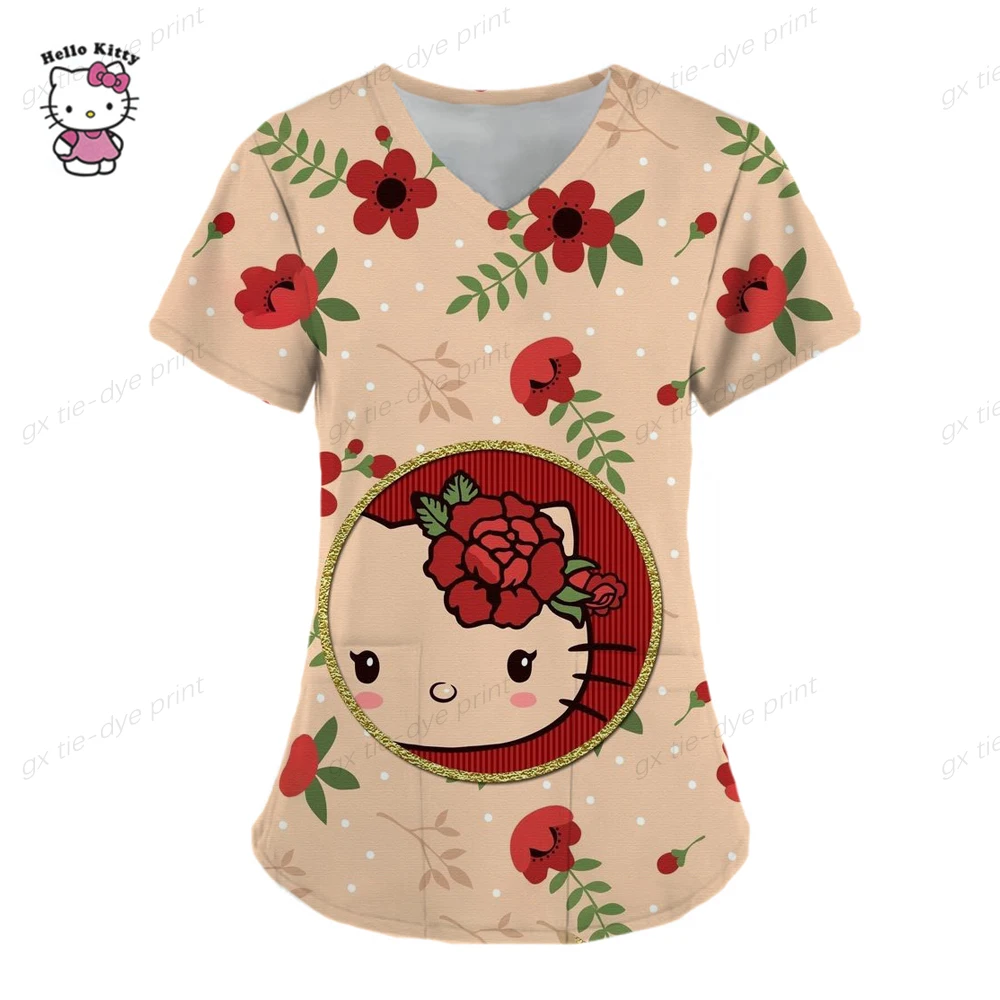 thumbnail image 1 of Ropa de mujer, camisetas de verano, camisetas de Hello Kitty, camisetas con cuello en V, camisetas con bolsillos, uniformes de enfermera, camisetas de hospital, camisetas para mujer 2023, 1 of 5