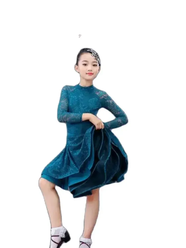 Dance Dress children Ballroom Salsa Tango lace dress Girl long sleeve Latin Dance dress