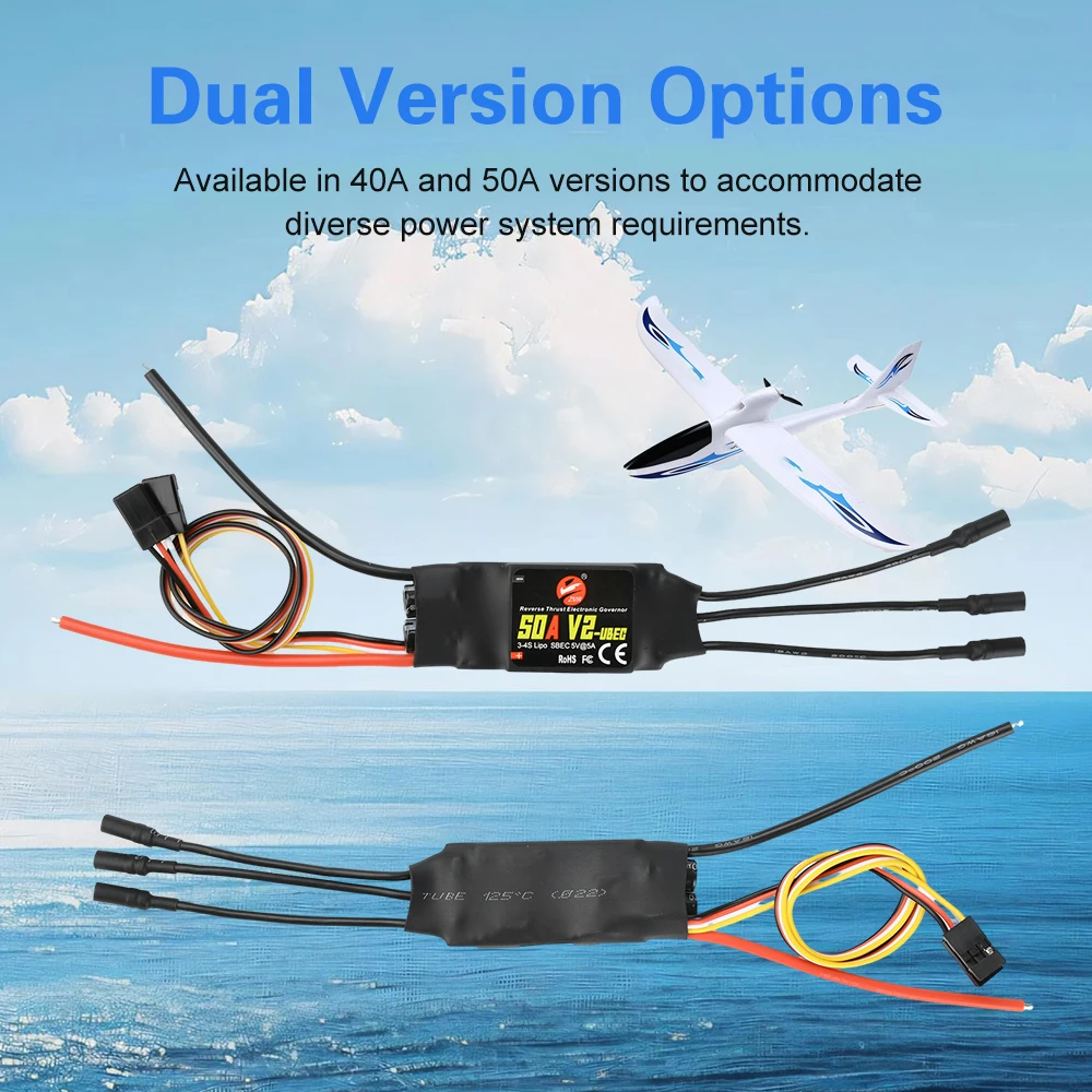 Vue de face du contrôleur de vitesse ESC sans balais 40A/50A avec poussée inversée pour avion RC FPV, câbles colorés visibles.