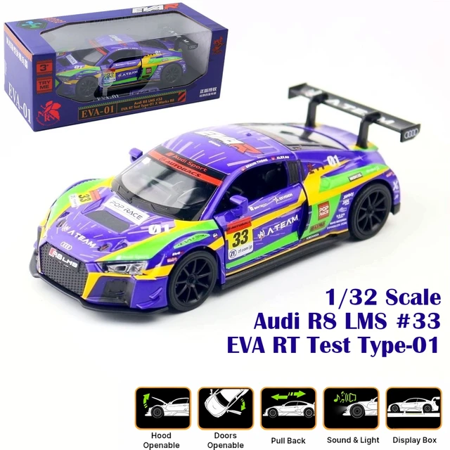 1/32 아우디 R8 LMS #33 장난감 레이싱 카, POPRACE EVA 신지 01 에반게리온, RMZ 시티 다이캐스트 메탈 모델, 풀백 사운드 라이트, 소년