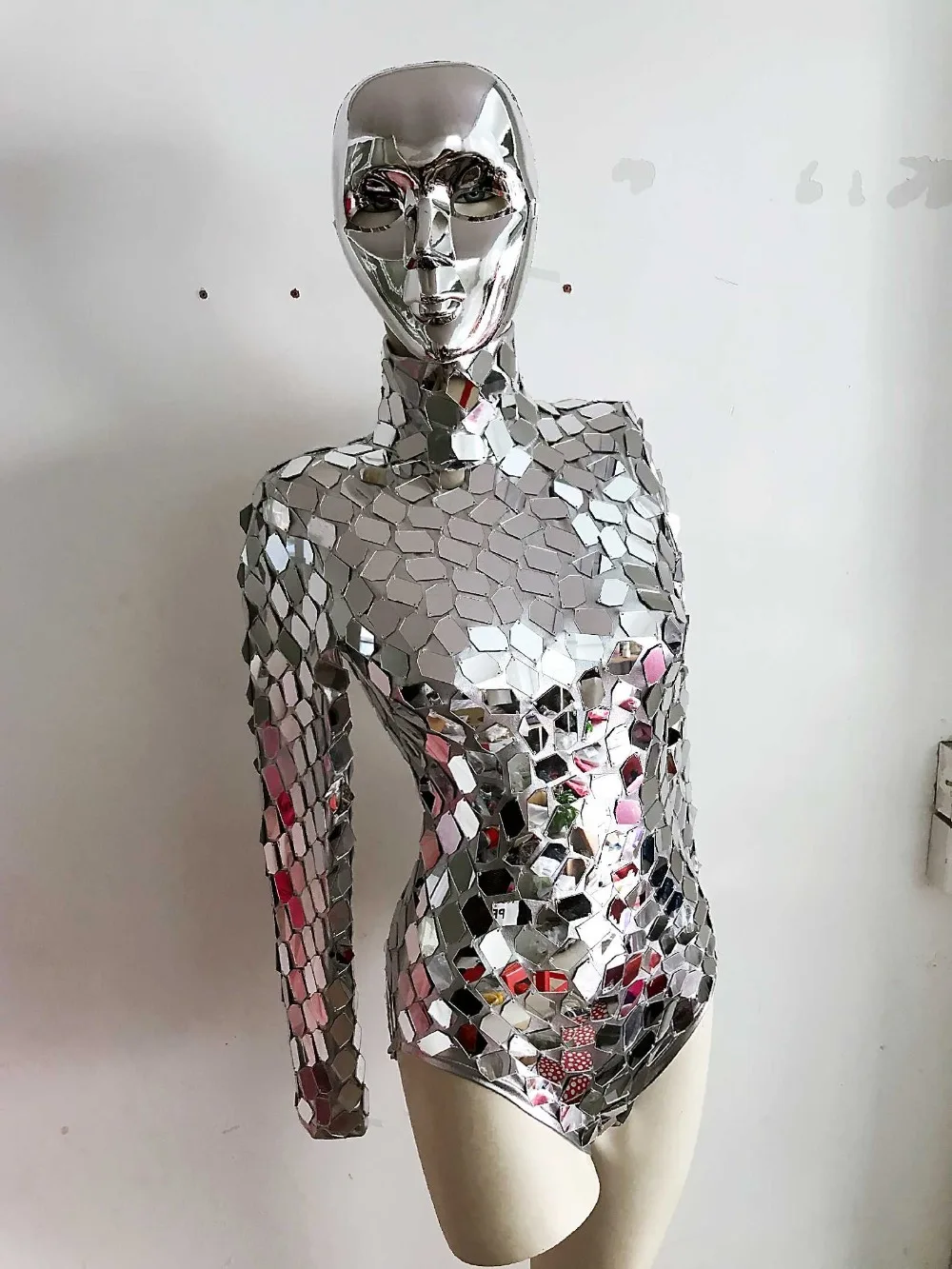 Mono de malla con espejos plateados para mujer, traje de lentejuelas brillantes para la serie Future space, ropa de baile de Jazz