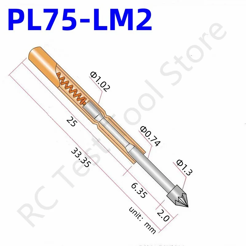 

100PCS PL75-LM2 Spring Test Probe Phosphorus Brass Tube Spring Test Pin Length 33.35mm Needle Dia 1.02mm Pogo Pin PL75-LM