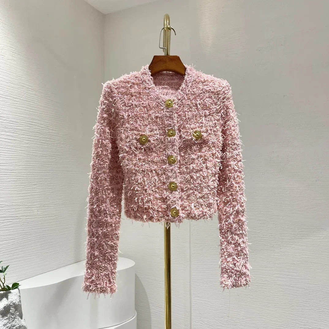 

Korean Fashion Newest High Quality Women Pink Gold Buttons Long Sleeve Knit Coat Tops