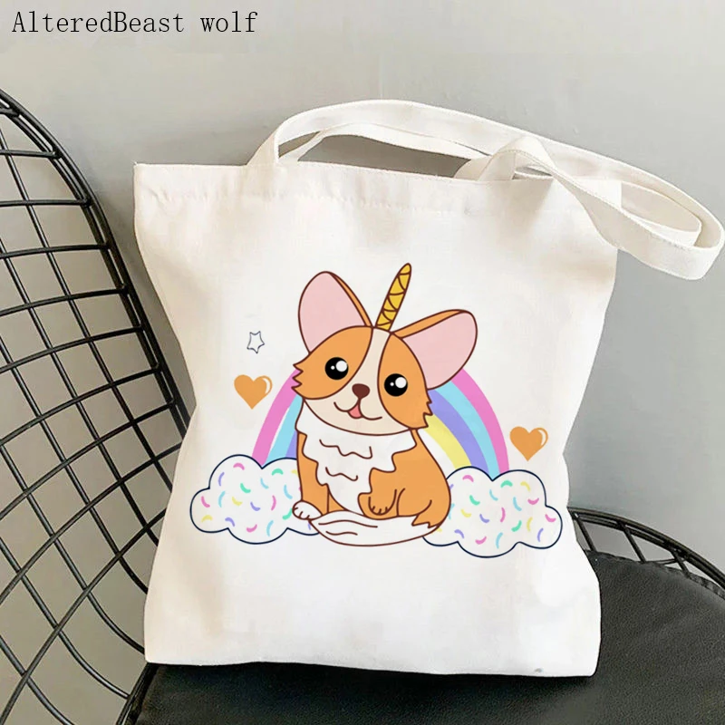 Women Shopper bag Witch Corgi Printed Kawaii Bag Harajuku Shopping Canvas Shopper Bag girl handbag Tote Shoulder Lady Bag