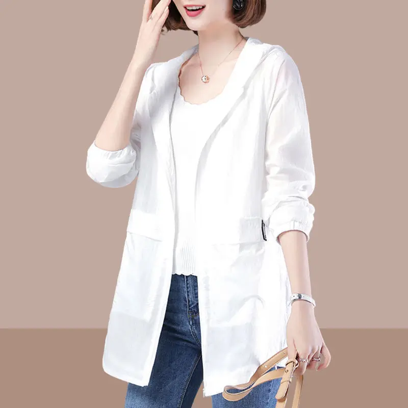 Women's Jacket Spring and Summer Plus Size Korean Hooded Jacket Mid-length Sun Protection Clothing Anti-UV Outdoor Sports Top