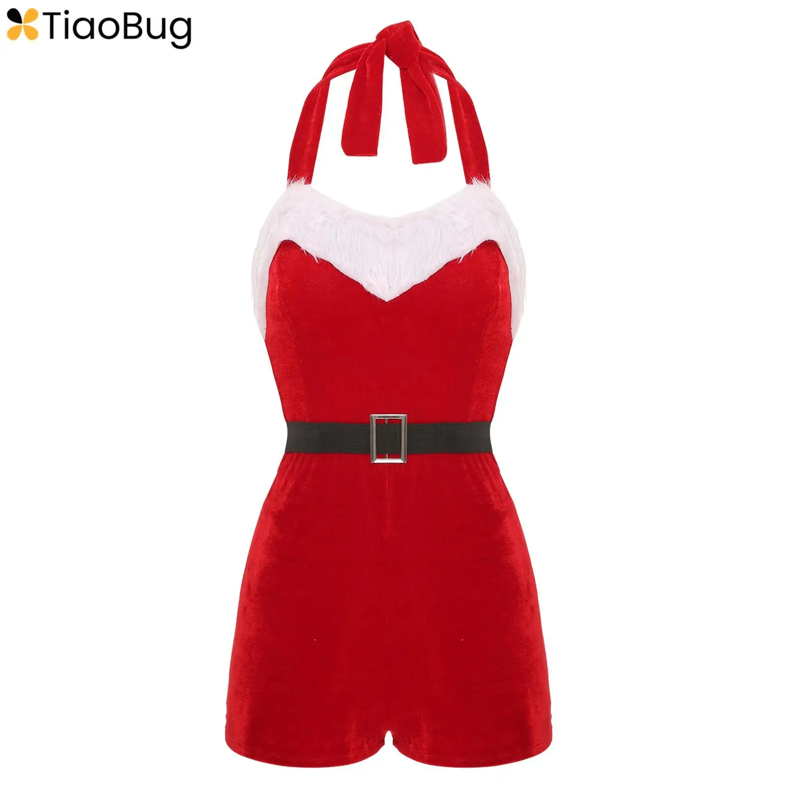Womens Christmas Costume Mrs Santa Claus Rompers with Belt Hater Sleeveless Backless Velvet Boyshorts Jumpsuit Xmas Party Outfit