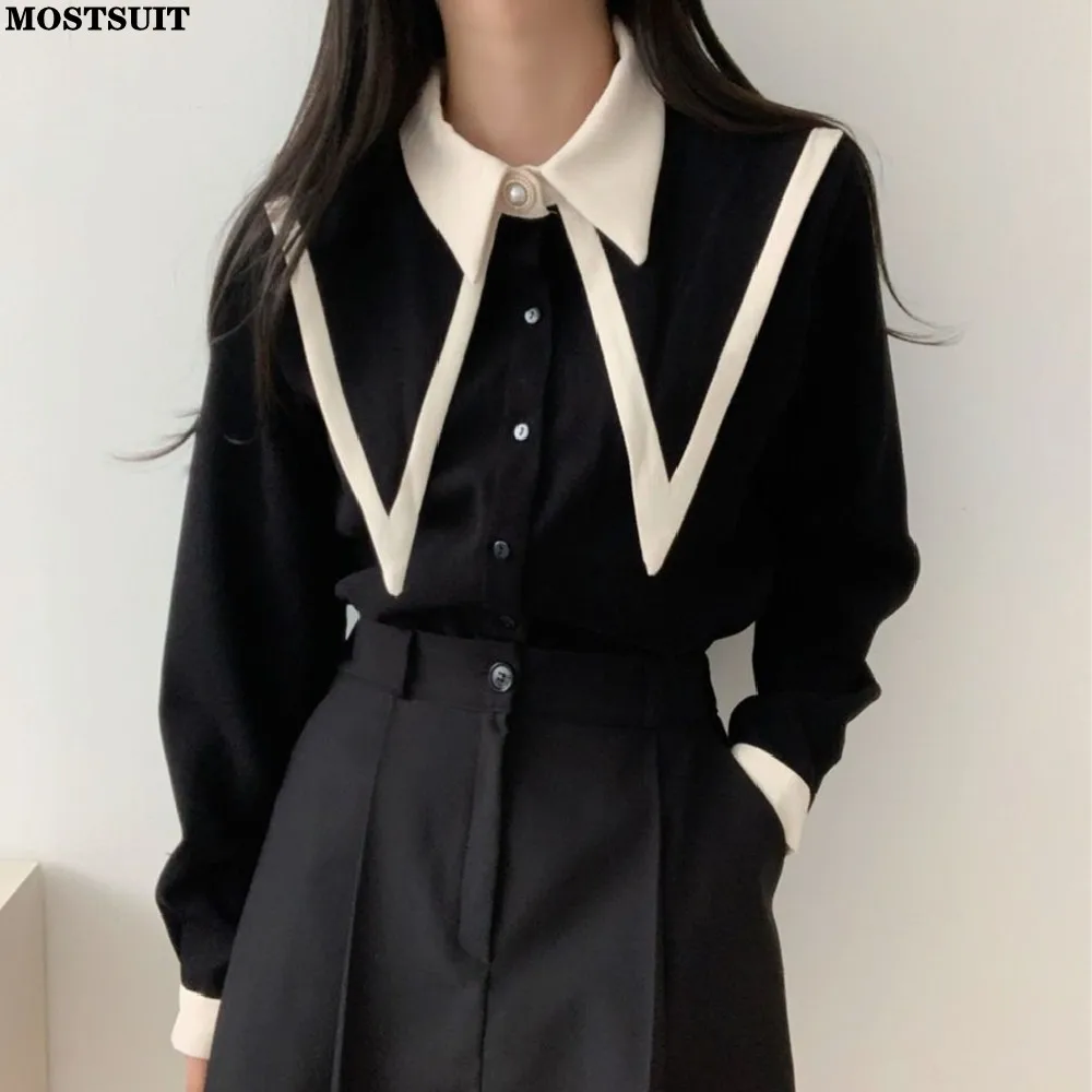 

Workwear Elegant Korean Blouse Shirt Women Stylish Fake Two Pieces Office Ladies Top 2024 Spring Long Sleeve Loose Fashion Blusa