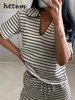 Casual Women's Knit Striped Pullover Pants Set Loose Polo Collar Short Sleeve T-shirt Drawstring Wide Leg Pant 2025 Lady Outfit 1 Casual Women's Knit Striped Pullover Pants Set Loose Polo Collar Short Sleeve T-shirt Drawstring Wide Leg Pant 2025 Lady Outfit 1