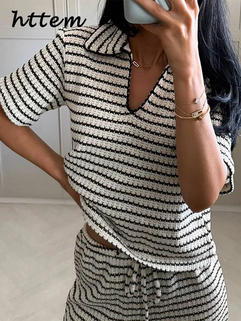 Casual Women's Knit Striped Pullover Pants Set Loose Polo Collar Short Sleeve T-shirt Drawstring Wide Leg Pant 2025 Lady Outfit 1 Casual Women's Knit Striped Pullover Pants Set Loose Polo Collar Short Sleeve T-shirt Drawstring Wide Leg Pant 2025 Lady Outfit 1