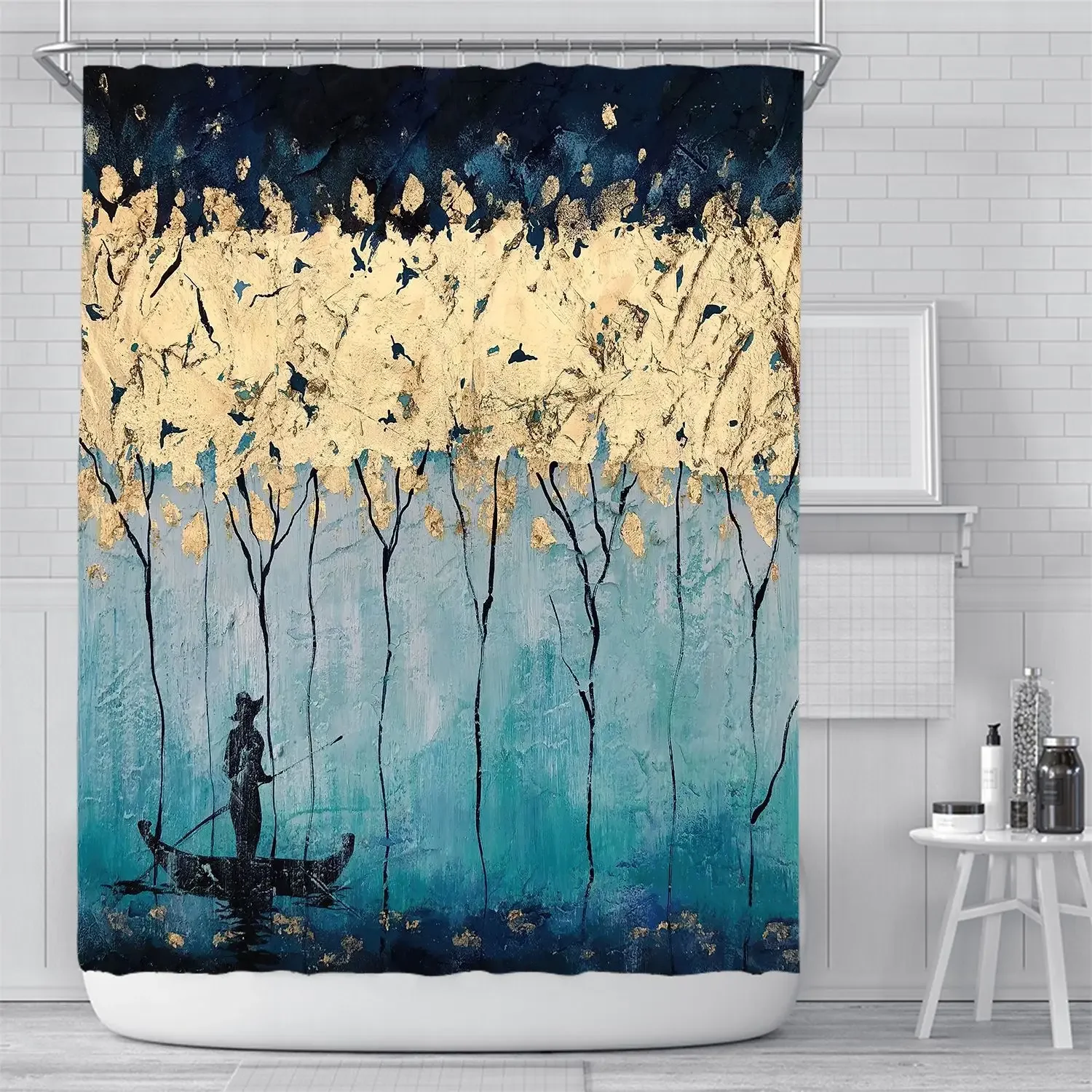 3D Nordic Style Art Painting Golden Shower Curtain Waterproof Bath Curtain Geometric Bath Screen Printed Floral Bathroom