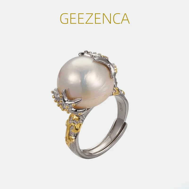

GEEZENCA Natural Baroque Pearl S925 Silver Two Tone Resizable Rings For Women Big Bead Vintage Court Luxury Ring 2023 New Gift