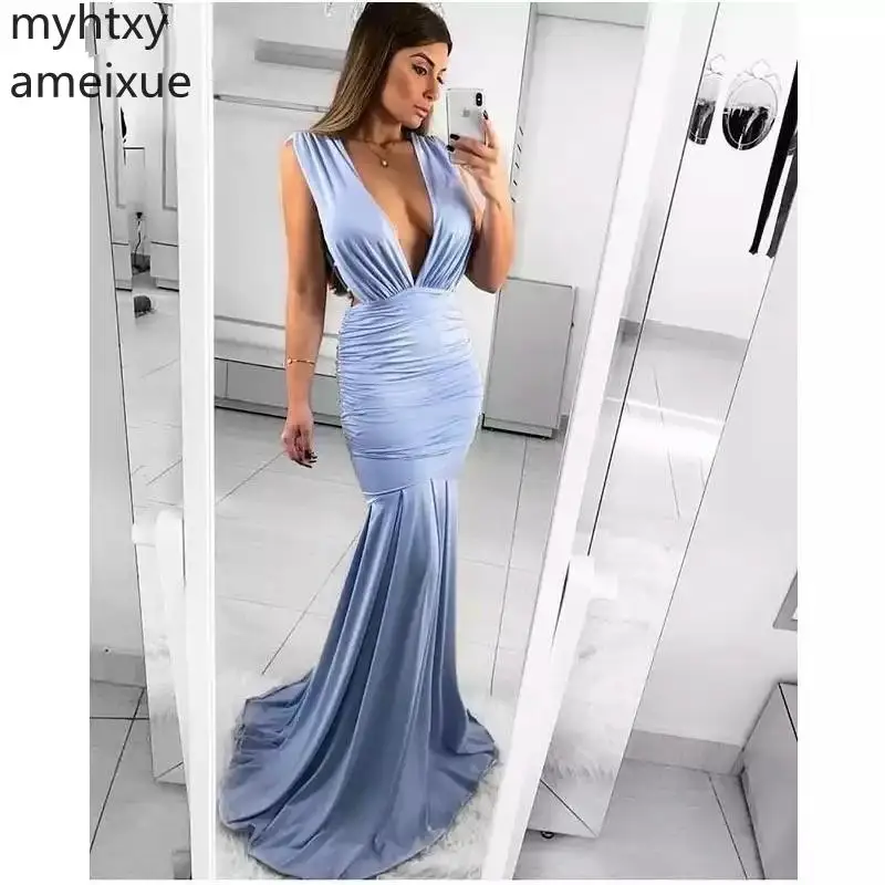 

Sexy Blue Red Evening Dresses Deep V-neck Sleeveless Backless Mermaid Mate Mermaid Vestidos De Fiesta De Noche Robe De Soiree