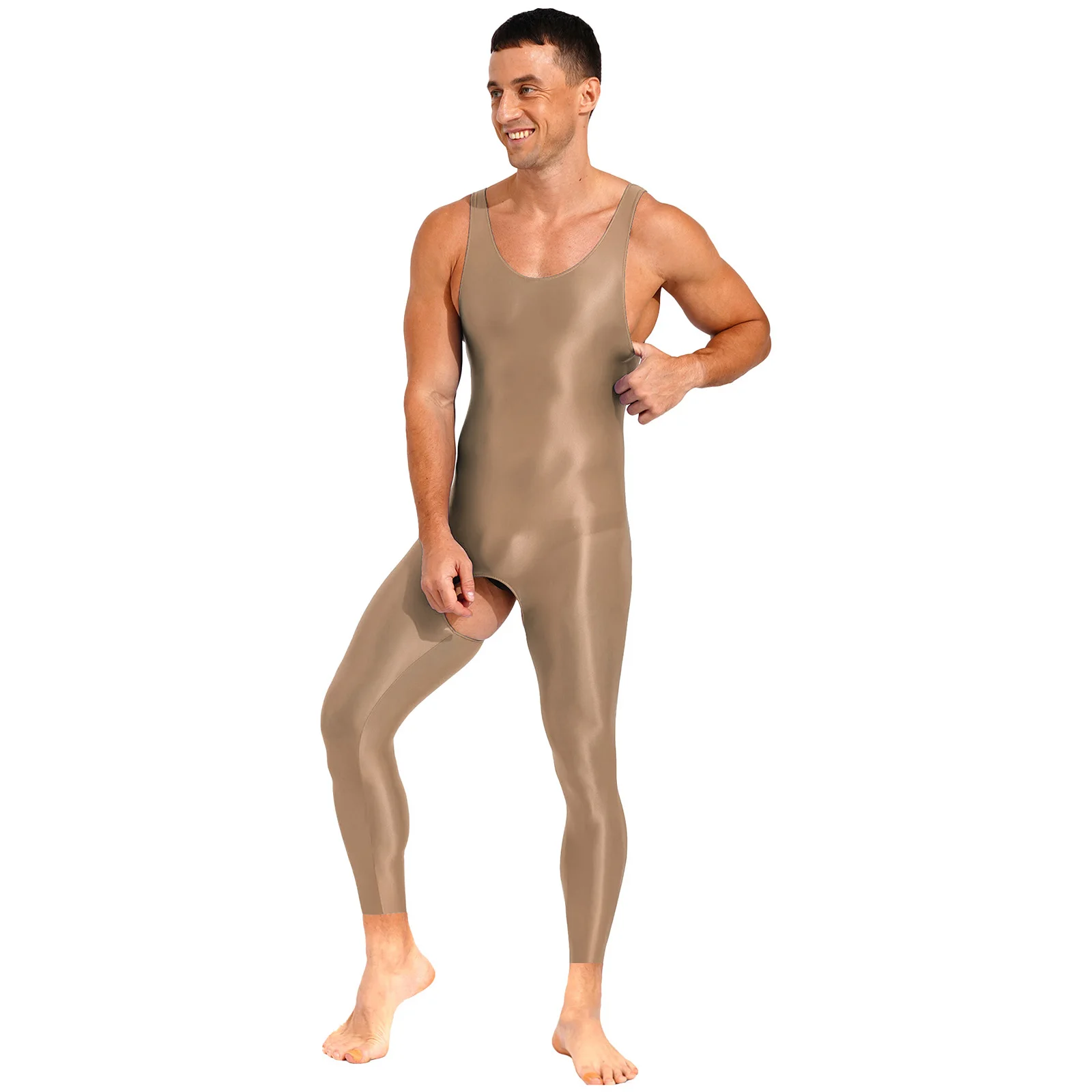 thumbnail image 1 of Lencería Sexy para hombre, medias brillantes con abertura en la entrepierna, monos ajustados, mono elástico de Color sólido con cuello en U, ropa de dormir sin mangas, 1 of 5