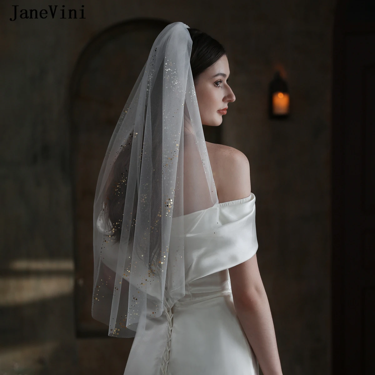 

JaneVini European White Bridal Veils Gold Sequins 1 Tier Tulle Elbow Length Veil with Comb Wedding Accessories Velos Novia 2023