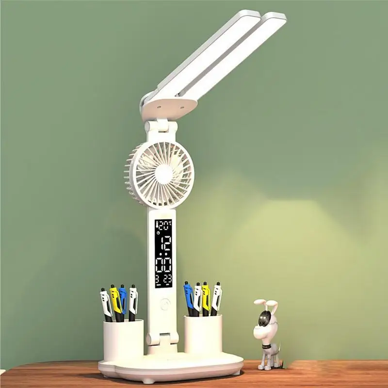 Led Desk Lamp With Fan Multifunctional Lighting Pen Holder Table Lamp 3 Brightness Levels Study Room Book Reading Light For
