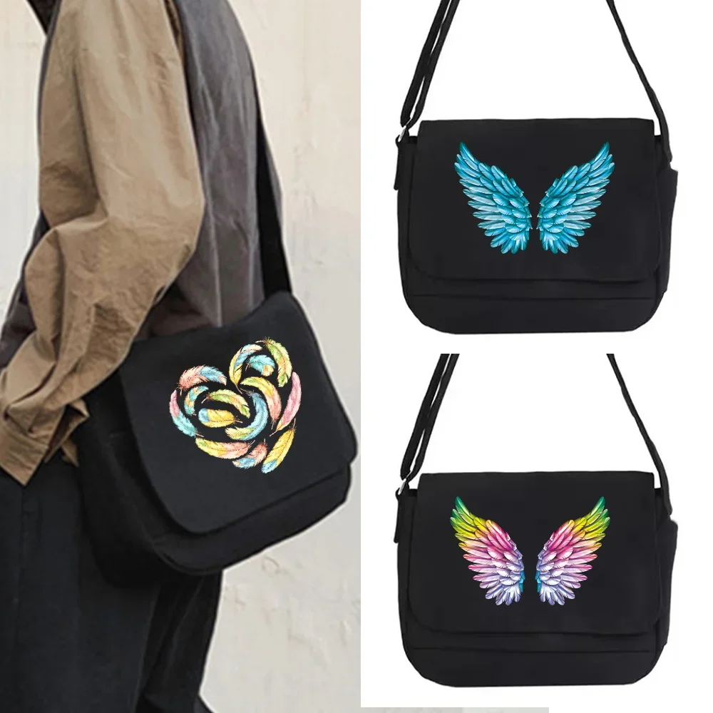 

2023 Canvas Crossbody Bags Youth Casual Version Wild Shoulder Packet Feather Print Women Shopping Organizer Diagonal Cross Bag