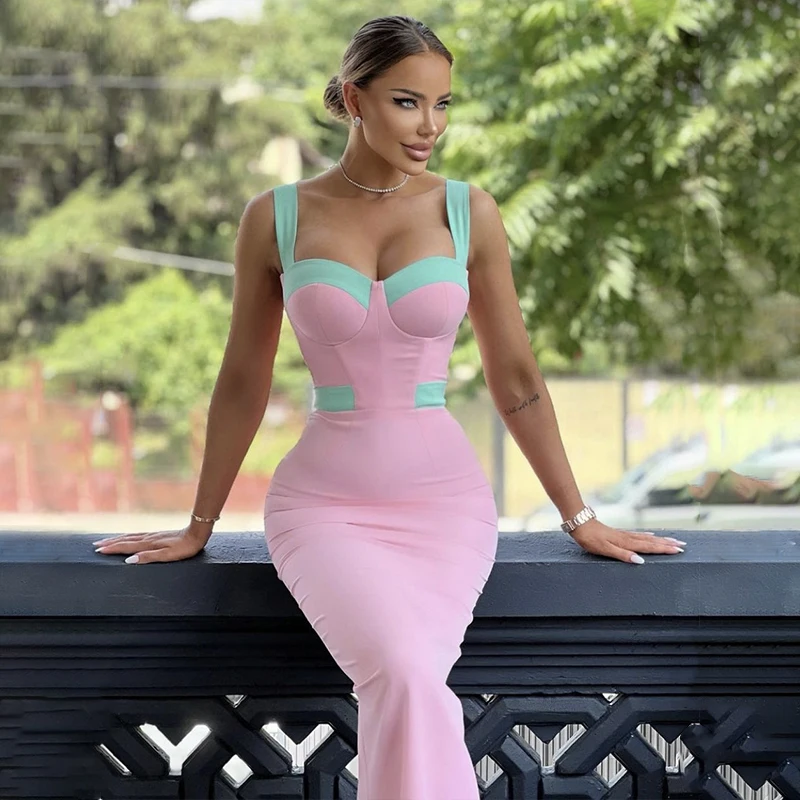 

Factory Wholesale Women's Pink Spaghetti Strap Stretch Tight Sexy Boutique Celebrity Cocktail Party Bandage Long Dress