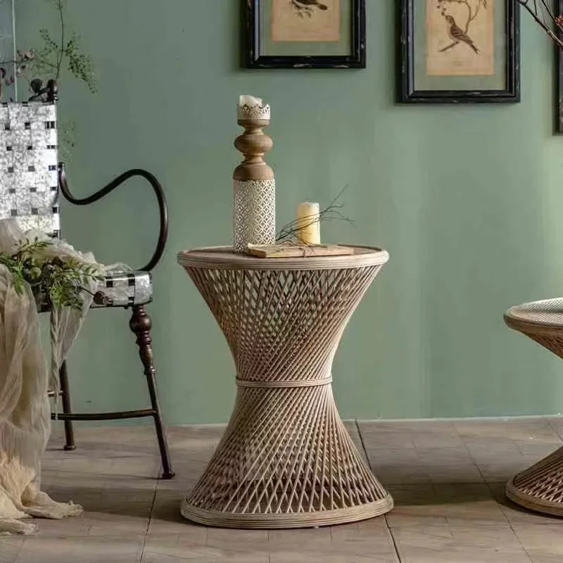 Rattan-woven Minimalist Nature Coffee Table Accent Tea Table Bamboo Cane Round for Living Room