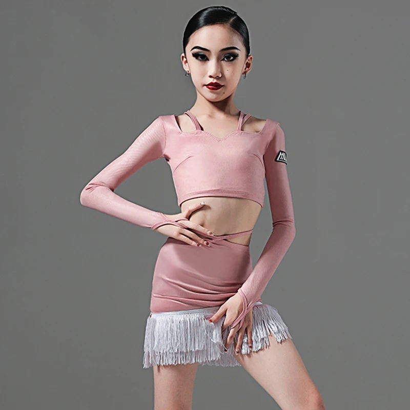 

Girls Latin Dance Clothes Long Sleeve Performance Wear Tops Tassel Skirt Rumba Tango Salsa Dancing Costume Practice Sets YS5388