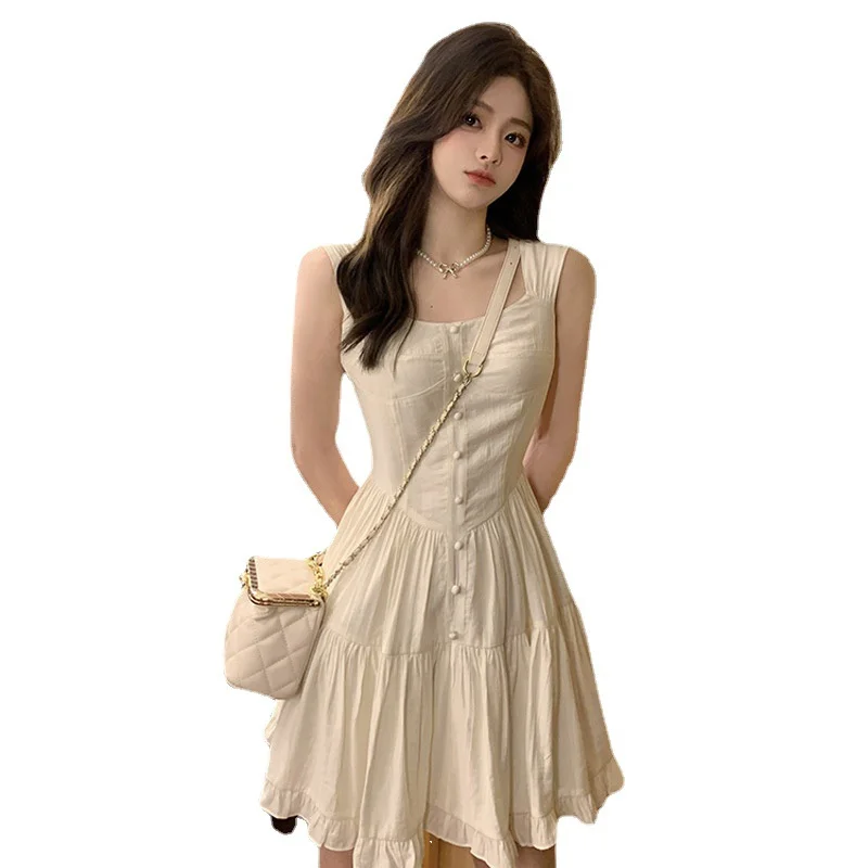 Summer Aesthetic White Sweet Dress Women Korean Vintage Slip Princess Slim Waist Dresses Elegant Ruffle High Waist Skirt 5