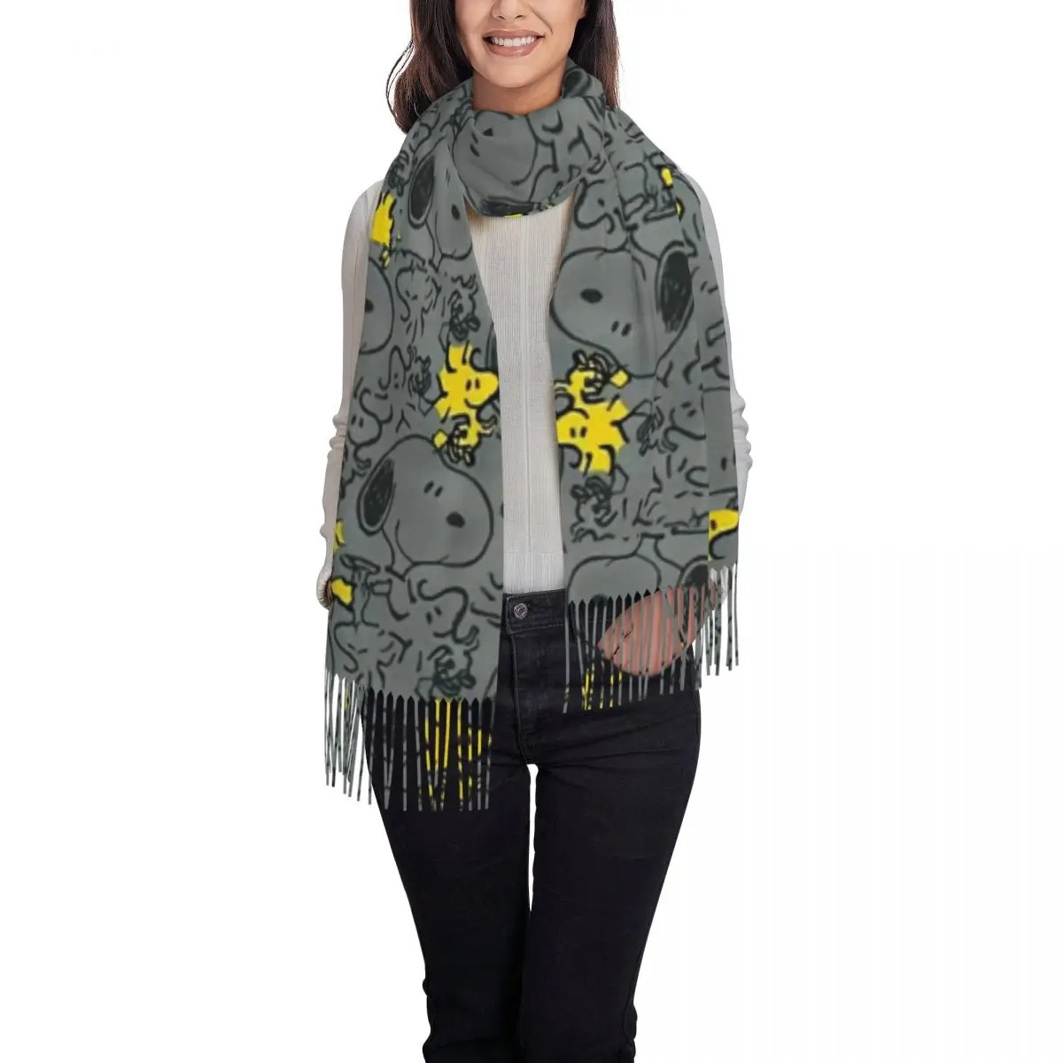 Custom Ladies Long S-Snoopys Woodstock Anime Pattern Scarves Women Winter Fall Thick Warm Tassel Shawl Wrap Scarf 2