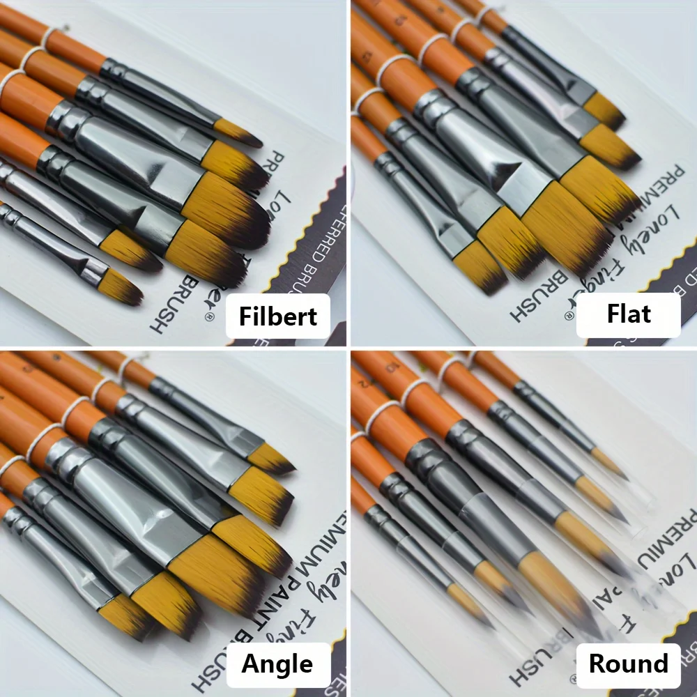 6pcs Professional Artist Paint Brush Set Round/Flat/Angular/Filbert Tips Anti-Shedding Nylon for Acrylic Oil Watercolor Painting 4