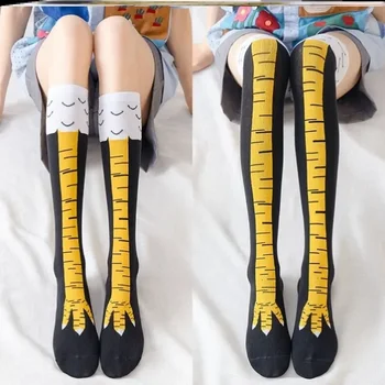 여성용 닭 발 양말, 긴 양말, 재미있는 만화 코튼 닭 다리 발톱, 3D 인쇄, 무릎 위 양말 스타킹