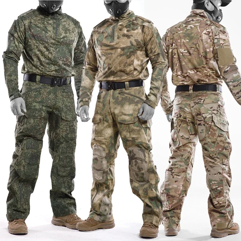 RU Camo Tactical Sets Men Hunting Multi-pocket Wear-resistant Combat Suit Outdoor Quick-drying Breathable Tops+Waterproof Pants
