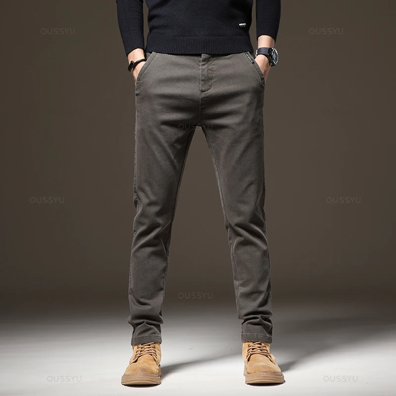 2024 New Winter Fleece Warm Men\'s Casual Pants Cotton Fashion Elastic Waist Twill Work Slim Flocking Thick Cargo Trousers Male