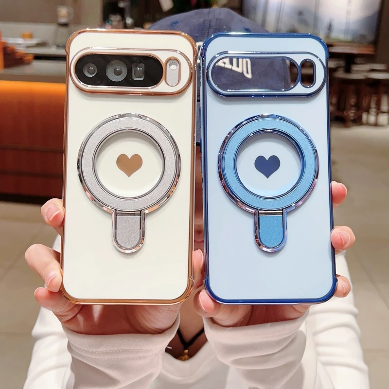 Enhanced Love Heart Bracket Phone Case with Plating Finish and Magsafe Compatibility