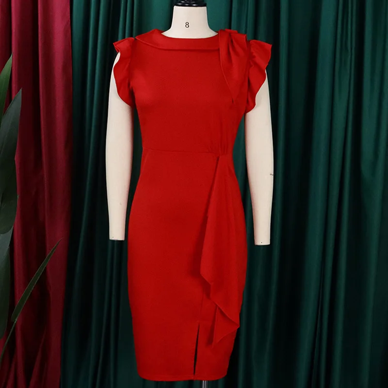 Plus Size Women's Clothing Fashion Summer Patchwork Ruffles Pencil Skirt Round Neck Solid Color Sleeveless High Waist Dresses